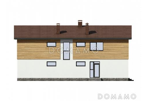 Проект дома с косой крышей, детскими комнатами, террасой, большой гостиной-столовой / Фасад 2