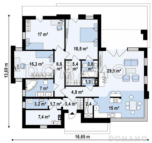 Проект современного одноэтажного дома из кирпича с плоской крышей с тремя спальнями и частично крытой террасой, без гаража / План 1 этажа
