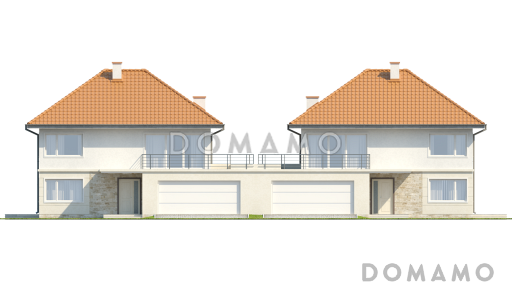 Проект двухэтажных домов-близнецов из газобетона с открытой террасой над большим гаражом  / Фасад 1