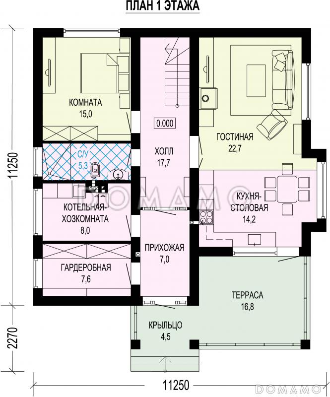 Проект загородного дома с террасой, большой гардеробной, кабинетом / План 1 этажа