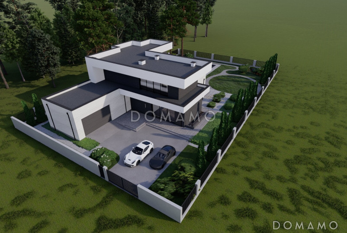 Проект крупномасштабного двухэтажного дома в стиле хай-тек с подвалом и бассейном Проект крупномасштабного двухэтажного дома в стиле хай-тек с подвалом и бассейном