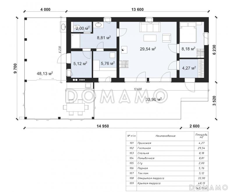 Проект современной бани с просторной гостиной и большой террасой S-93 / План 1 этажа