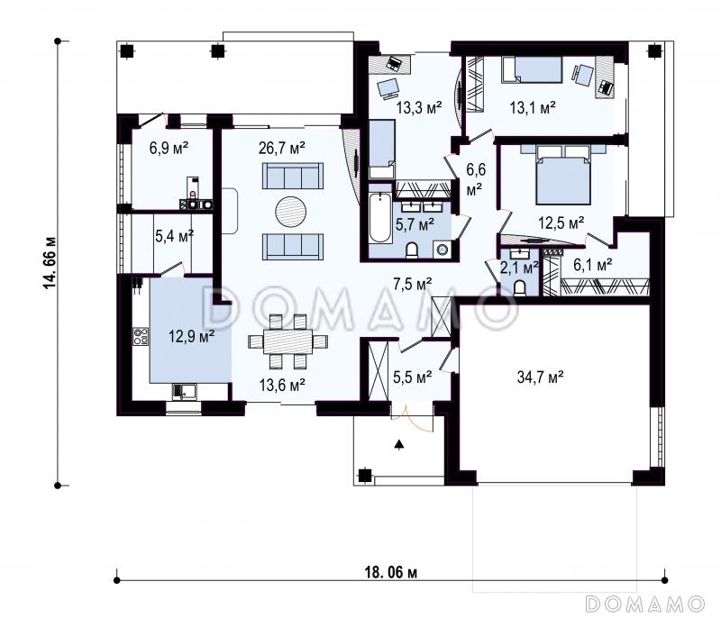 Проект одноэтажного дома из кирпича со встроенным гаражом на два автомобиля / План 1 этажа
