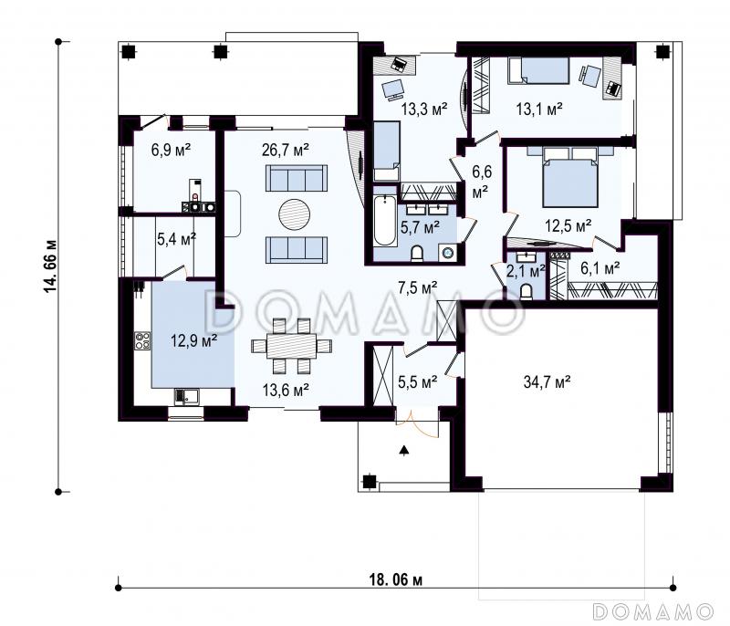 Проект одноэтажного дома из кирпича со встроенным гаражом на два автомобиля / План 1 этажа