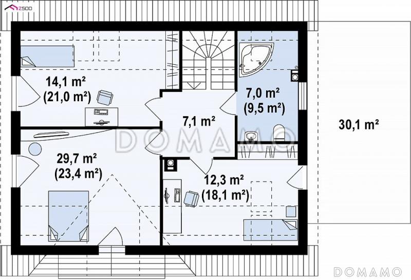 Проект одноэтажного дома с мансардным этажом из газобетона с кабинетом, гаражом и террасой над ним / План мансардного этажа