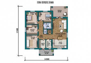 Проект одноэтажного дома с четырьмя спальнями, просторной гостиной-столовой и терасой / План 1 этажа Проект одноэтажного дома с четырьмя спальнями, просторной гостиной-столовой и терасой / План 1 этажа