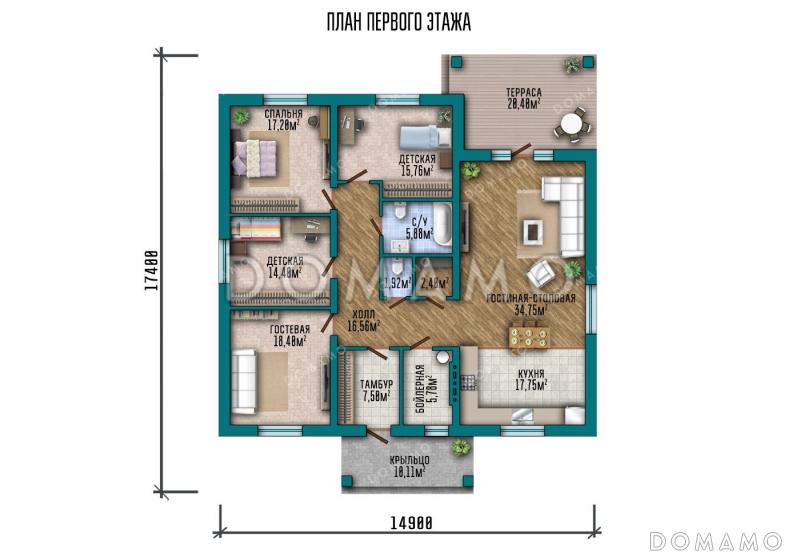 Проект одноэтажного дома с четырьмя спальнями, просторной гостиной-столовой и терасой / План 1 этажа
