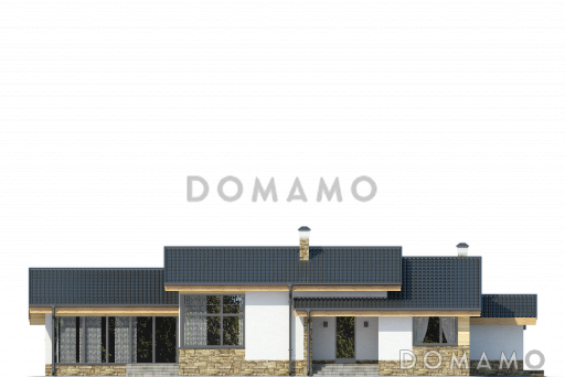 Проект одноэтажного дома с просторной кухней-столовой, кабинетом, кладовыми / Фасад 3