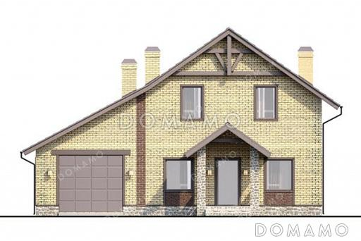 Проект дома с гаражом, тремя спальнями на мансарде и широким балконом / Фасад 1