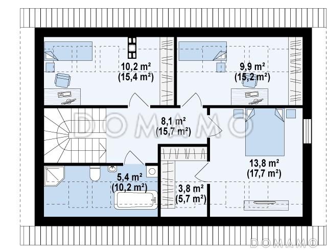 Проект одноэтажного мансардного дома из кирпича с большим техническим помещением и тремя спальнями / План мансардного этажа