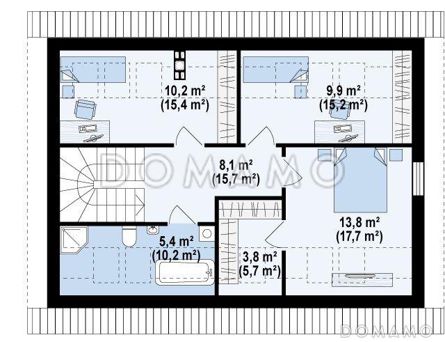Проект одноэтажного мансардного дома из кирпича с большим техническим помещением и тремя спальнями / План мансардного этажа