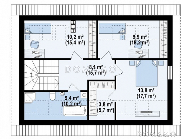 Проект одноэтажного мансардного дома из кирпича с большим техническим помещением и тремя спальнями / План мансардного этажа