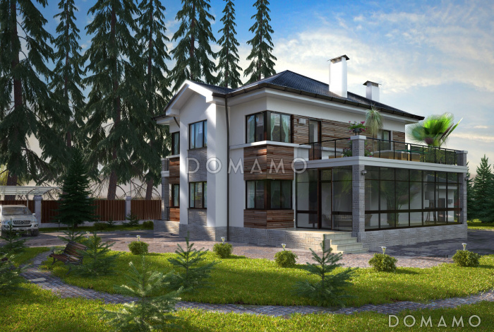 Проект загородного дома с гаражом, функциональной прихожей, просторной столовой зоной, зимнем садом Проект загородного дома с гаражом, функциональной прихожей, просторной столовой зоной, зимнем садом