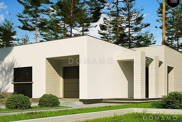 Проект уютного современного одноэтажного дома из кирпича с плоской крышей, с тремя спальнями и гаражом