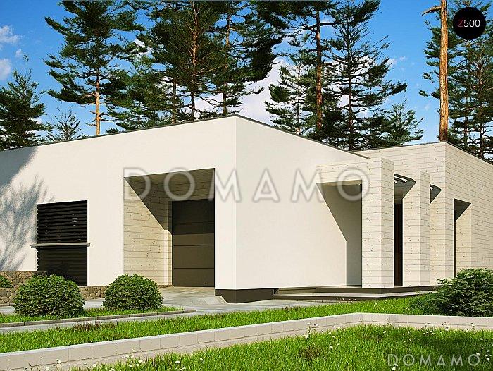 Проект уютного современного одноэтажного дома из кирпича с плоской крышей, с тремя спальнями и гаражом / 3