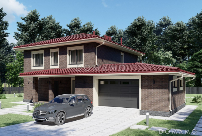 Проект двухэтажного дома с гаражом на две машины в стиле Райт S-234