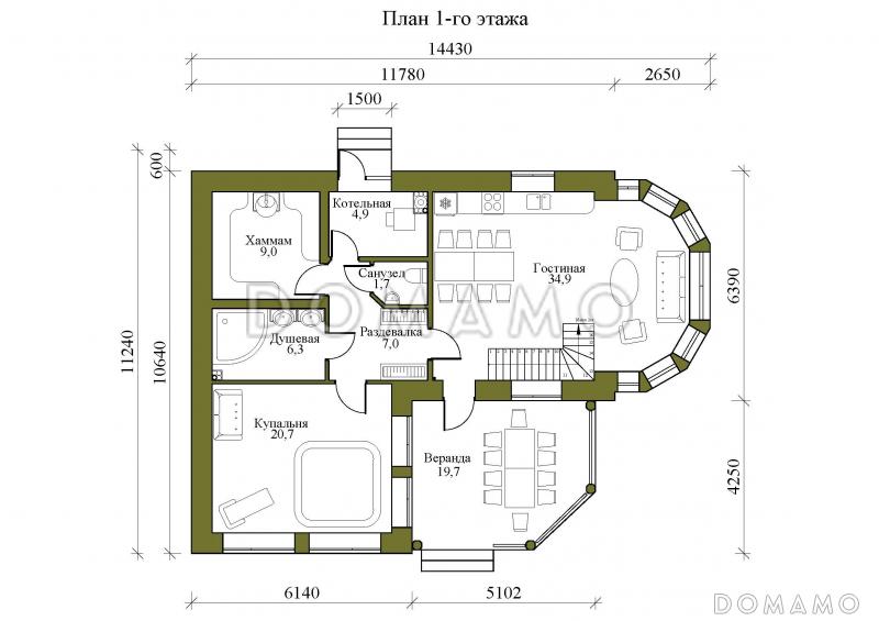 Проект двухэтажной бани с остекленной гостиной, просторной верандой и игровой / План 1 этажа