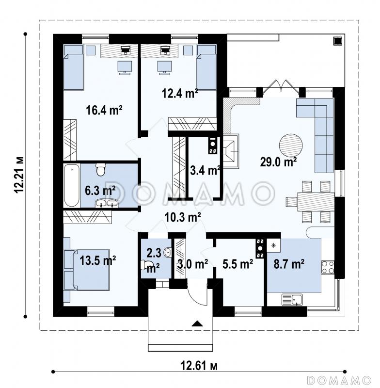 Проект одноэтажного дома из кирпича с тремя спальнями, светлой гостиной и угловым окном в кухне / План 1 этажа
