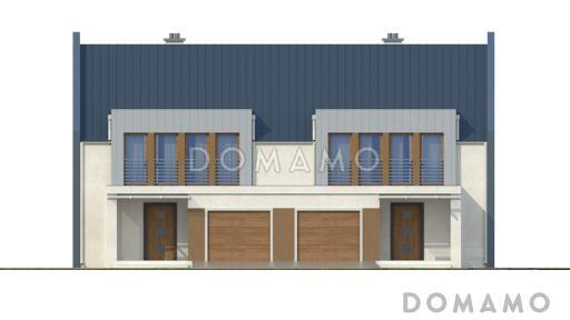 Проект современных мансардных домов-близнецов из газобетона с гаражом, тремя спальнями и красивым слуховым окном и балконом / Фасад 1