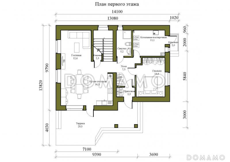 Проект двухэтажного дома с просторными террасой и кухней-столовой / План 1 этажа