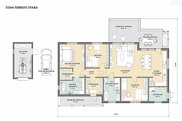 Проект дома в скандинавском стиле с 3 спальнями и барбекю на террасе / План 1 этажа Проект дома в скандинавском стиле с 3 спальнями и барбекю на террасе / План 1 этажа