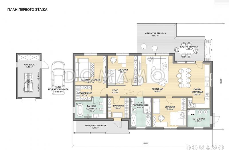 Проект дома в скандинавском стиле с 3 спальнями и барбекю на террасе / План 1 этажа