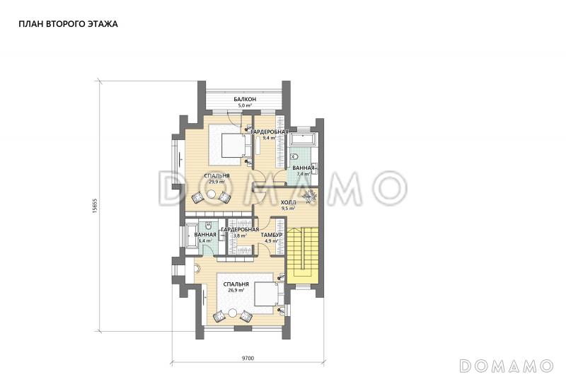 Проект кирпичного дома в стиле барнхаус с мастер-спальней, СПА зоной и автонавесом / План 2 этажа
