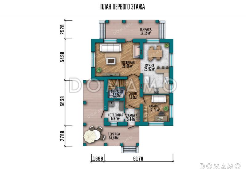 Проект загородного дома с тремя спальнями на мансарде, кабинетом и двумя террасами / План 1 этажа