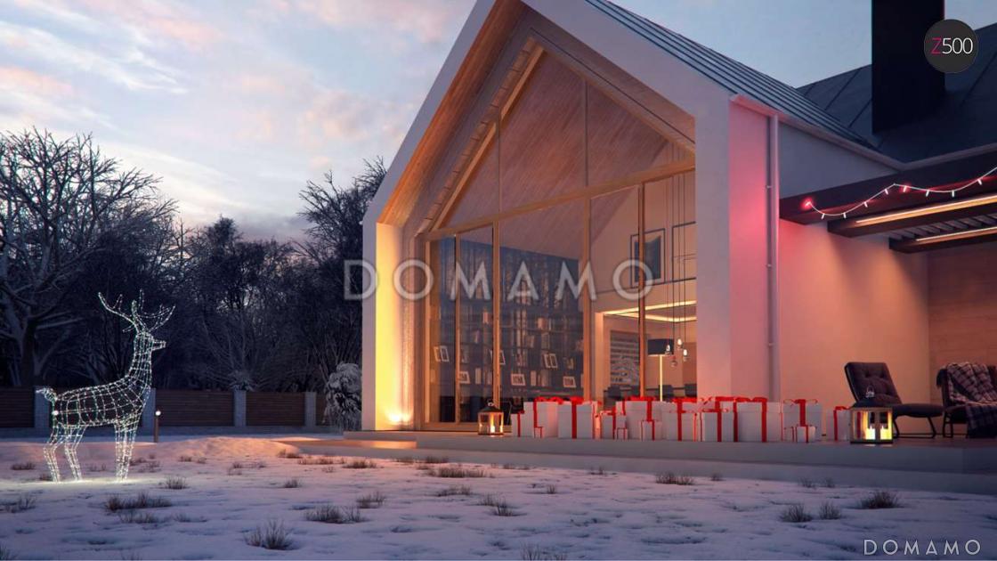 Проект современного одноэтажного мансардного дома из газобетона с панорамным остеклением, вторым светом и с гаражом  / 5