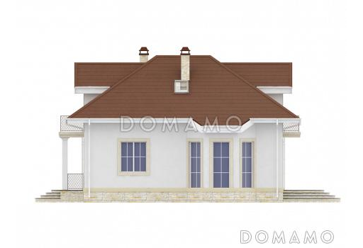 Проект мансардного дома из газобетона с 2 балконами, эркером и гаражом на 1 машину / Фасад 1