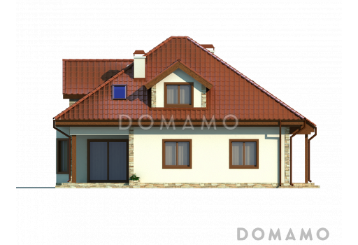 Проект просторного одноэтажного мансардного дома из кирпича с кабинетом, эркером и гаражом / Фасад 2