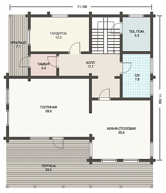 Проект респектабельного дома из клееного бруса с террасой / План 1 этажа Проект респектабельного дома из клееного бруса с террасой / План 1 этажа
