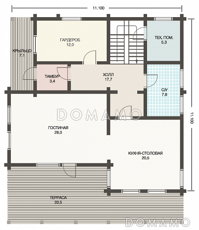 Проект респектабельного дома из клееного бруса с террасой / План 1 этажа Проект респектабельного дома из клееного бруса с террасой / План 1 этажа