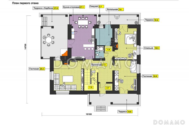 Проект дома с просторной гостиной и кухней столовой, террасой с барбекю, зимним садом, двумя балконами,  / План 1 этажа