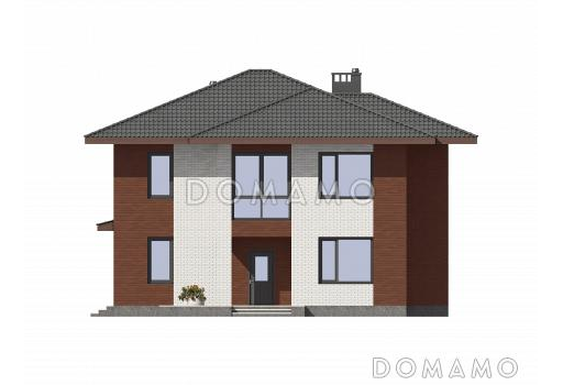 Проект двухэтажного дома из газобетона с крытой террасой, просторной гостиной с камином / Фасад 2