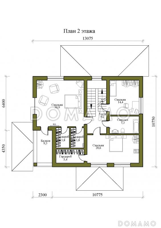 Проект двухэтажного дома с погребом, сауной, террасой и балконом / План 2 этажа