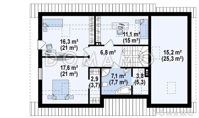 Проект одноэтажного мансардного дома из кирпича с просторной гостиной, гаражом и четырьмя спальнями / План мансардного этажа