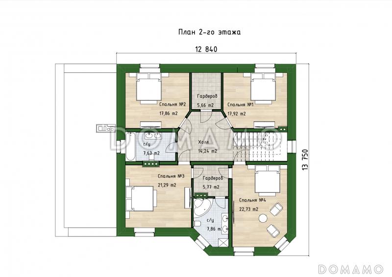Проект кирпичного дома с 2 эркерами, 5 спальнями и гостиной с камином / План 2 этажа