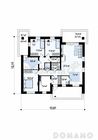 Проект одноэтажного дома из газобетона с тремя спальнями и треугольным окном на чердаке с изменениями в планировке / План 1 этажа Проект одноэтажного дома из газобетона с тремя спальнями и треугольным окном на чердаке с изменениями в планировке / План 1 этажа