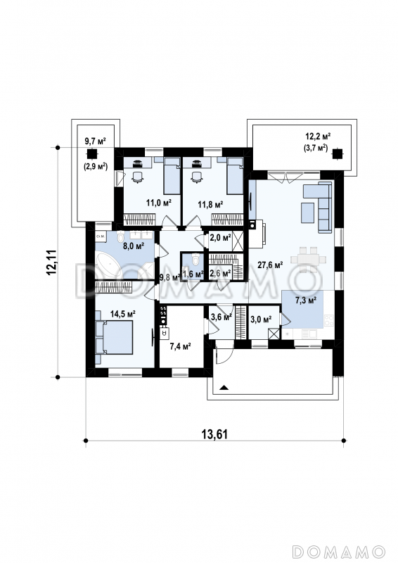 Проект одноэтажного дома из газобетона с тремя спальнями и треугольным окном на чердаке с изменениями в планировке / План 1 этажа