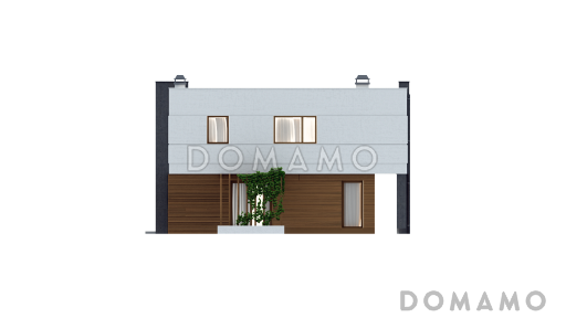 Проект современного двухэтажного дома из кирпича с плоской крышей с четырьмя комнатами, гаражом и открытой террасой на втором этаже / Фасад 4