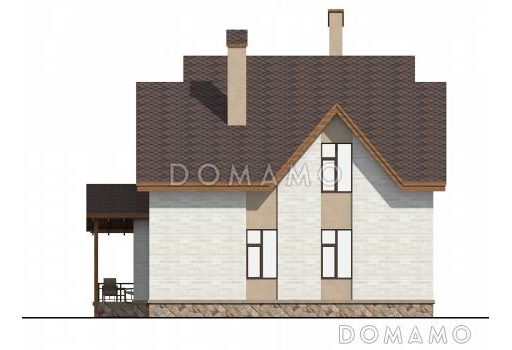 Проект коттеджа с двусветной гостиной и террасой. / Фасад 2