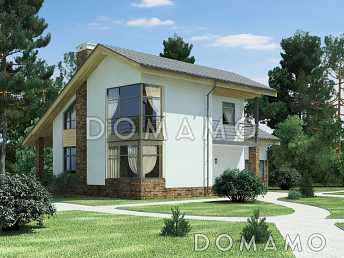 Проект загородного дома с панорамным окном в гостиной и спальне на мансардном этаже, крытой террасой с выходом из кухни-столовой, спальней на первом этаже Проект загородного дома с панорамным окном в гостиной и спальне на мансардном этаже, крытой террасой с выходом из кухни-столовой, спальней на первом этаже