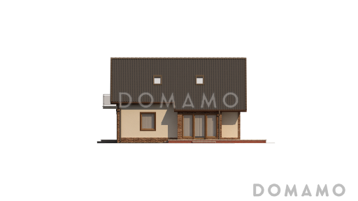 Проект одноэтажного мансардного дома из газобетона с гаражом, эркером и большой площадью остекления в гостиной / Фасад 2