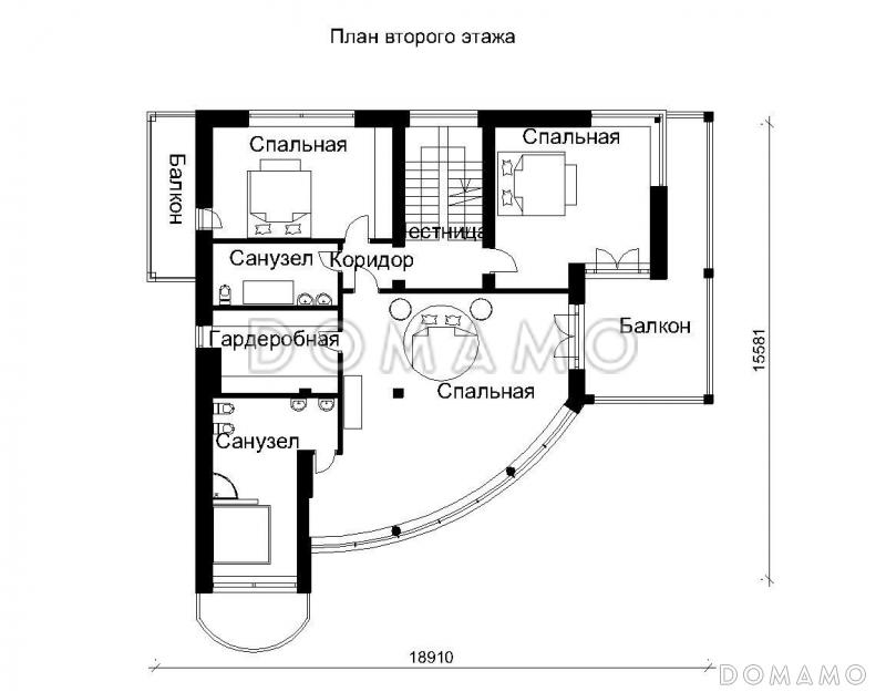 Проект трехэтажного дома с панорамными стеклами / План 2 этажа