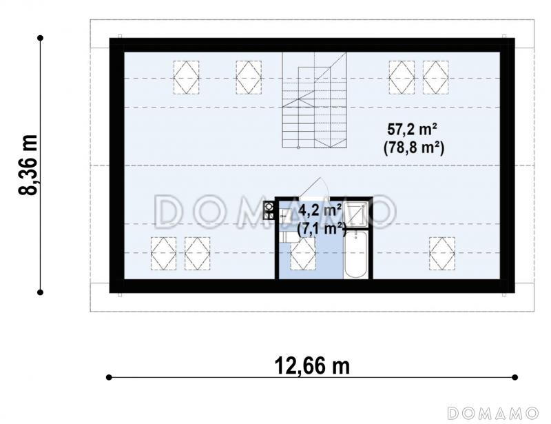 Проект загородного дома с большим чердаком, кладовой на кухне, двумя спальнями / План мансардного этажа