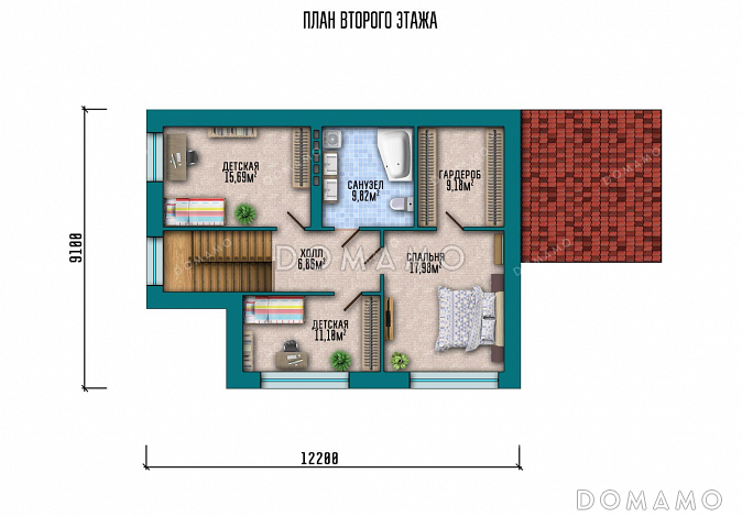 Проект дома с большой террасой, эркером и выразительной застекленной частью / План мансардного этажа