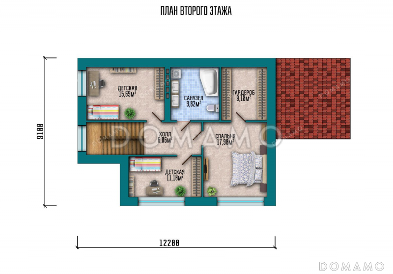 Проект дома с большой террасой, эркером и выразительной застекленной частью / План мансардного этажа