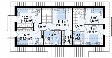 Проект одноэтажного мансардного дома из газобетона с отдельными входами для двух семей / План мансардного этажа Проект одноэтажного мансардного дома из газобетона с отдельными входами для двух семей / План мансардного этажа
