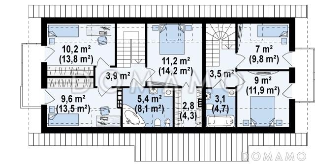Проект одноэтажного мансардного дома из газобетона с отдельными входами для двух семей / План мансардного этажа
